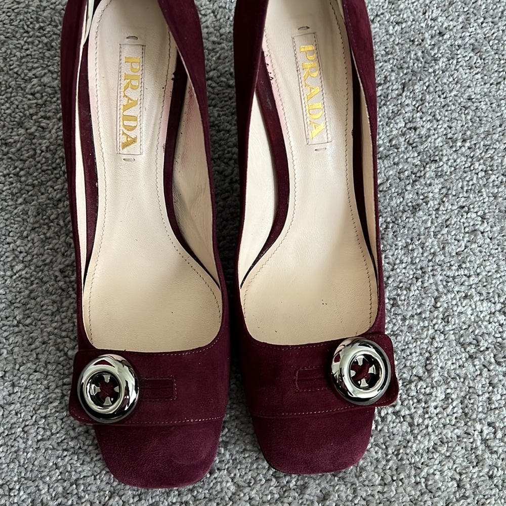 Prada Burgundy Suede Gold Button Heels - Picture 10 of 10